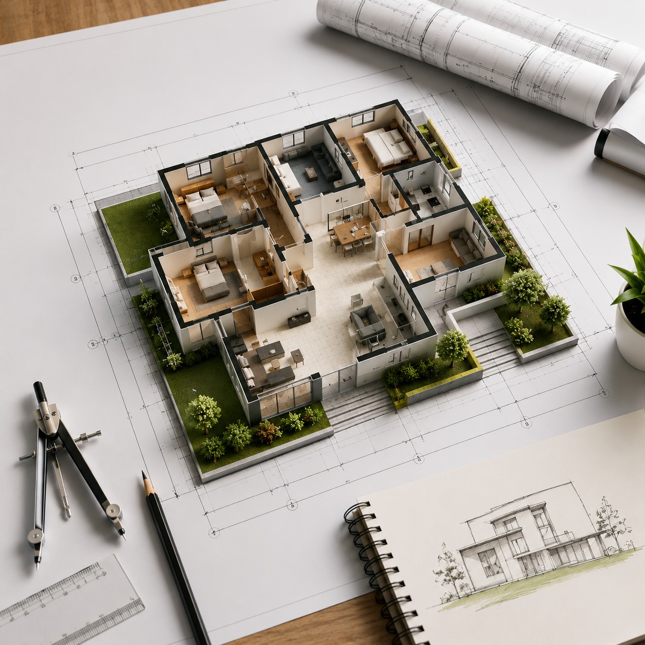 Architectural blueprint planning and design sketches on desk